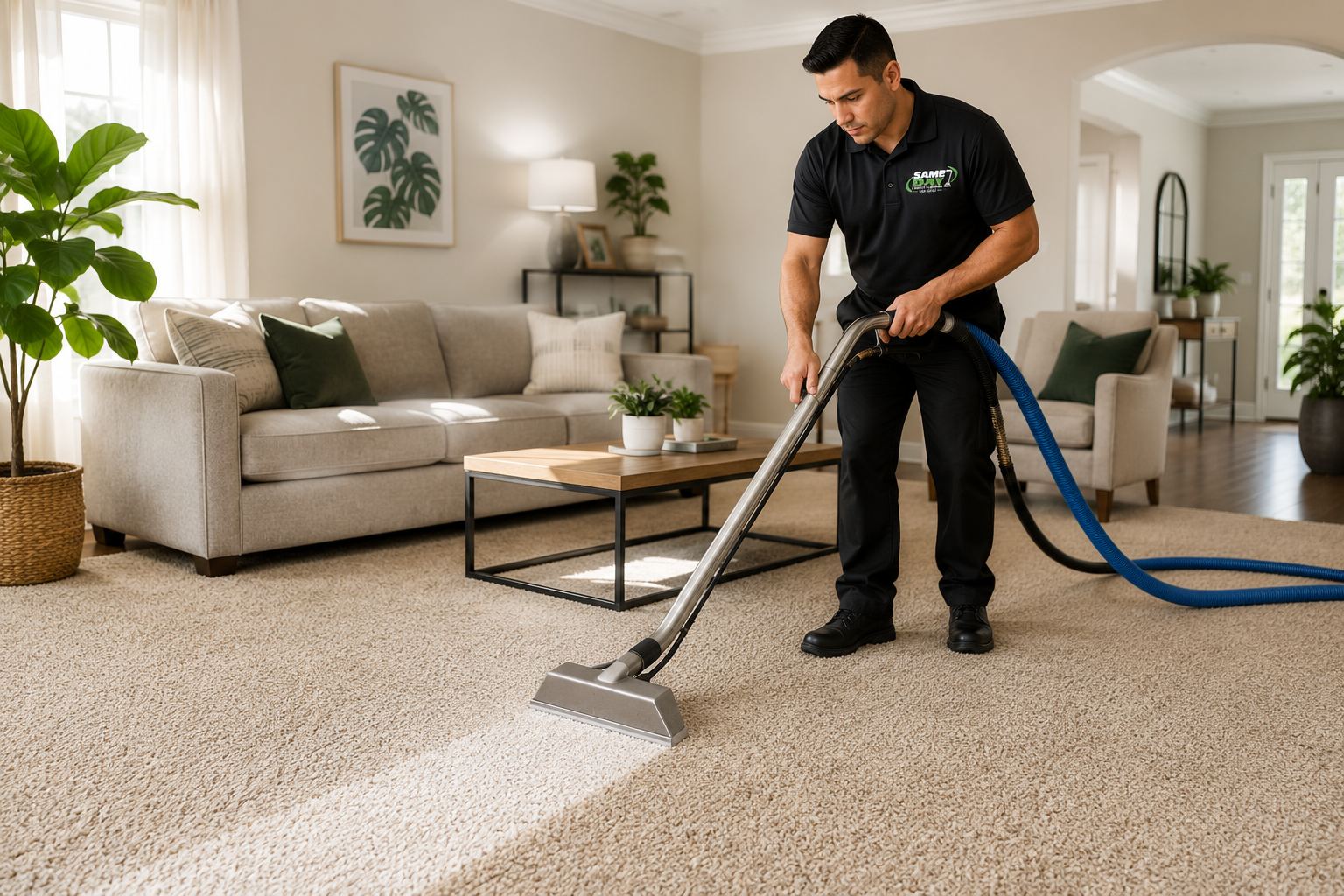 Green Choice technician deep cleaning carpet in a Levittown living room