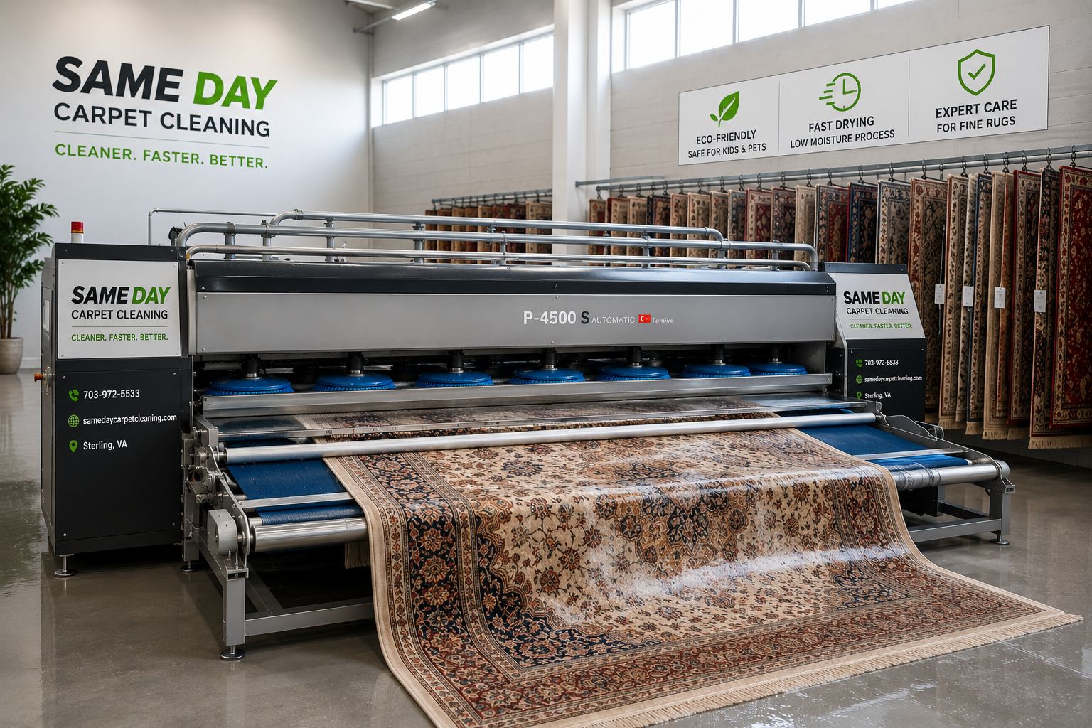 Oriental rug being cleaned on our automated rug-washing equipment for Levittown NY customers