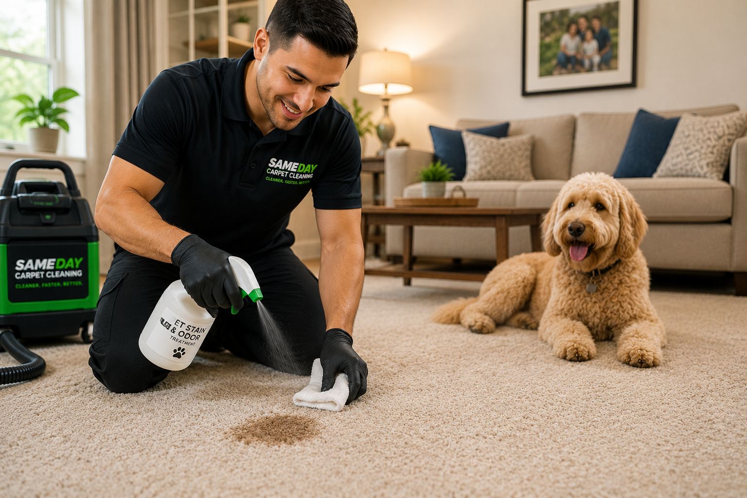 Green Choice technician treating a pet stain on carpet in a Levittown NY home